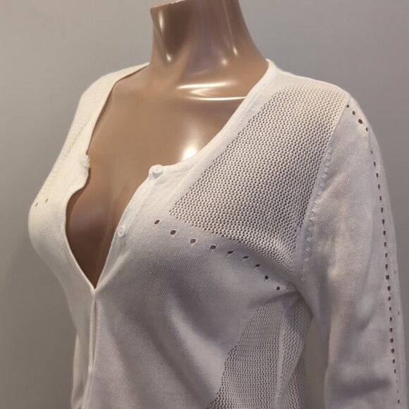 Laura Open Mesh Knit Cardigan Buttoned Front Eyelet Ivory White Sweater Medium - Picture 4 of 10